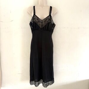 Vintage Black Lace Trim Nylon Slip Dress Size 34A Full Slip Peignoir Lingerie